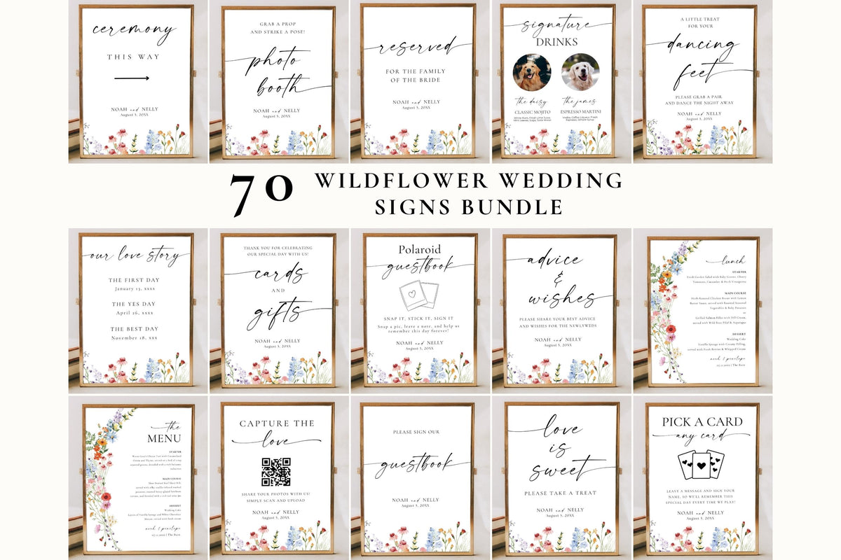 70 wildflower wedding signs bundle, editable Canva templates, floral reception signage set, printable boho wedding table signs