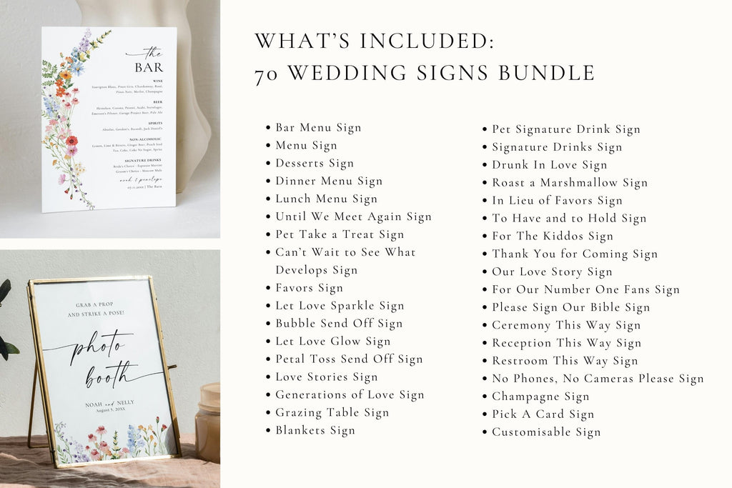 Full list of 70 wildflower wedding signs bundle, editable Canva printable templates, floral bar menu, seating, and reception signs