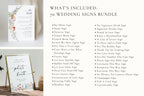 Full list of 70 wildflower wedding signs bundle, editable Canva printable templates, floral bar menu, seating, and reception signs