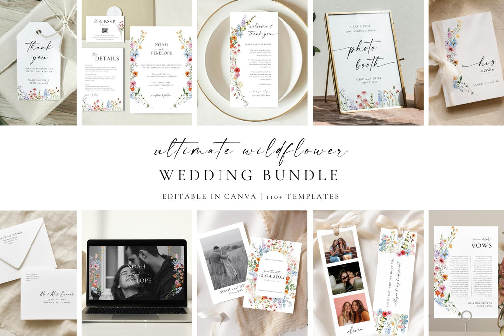 Editable wildflower wedding signs bundle Canva template, printable floral wedding signage set, romantic botanical wedding decor, DIY wedding signs instant download