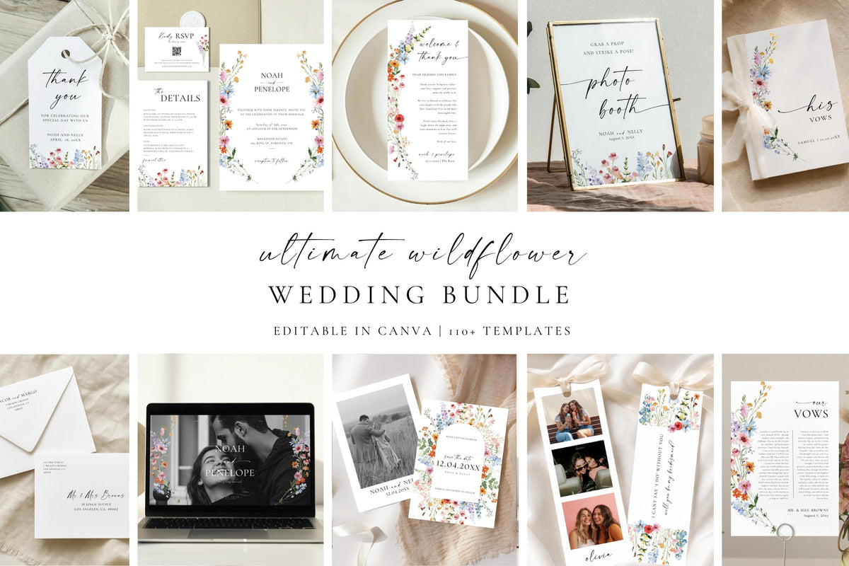Editable wildflower wedding signs bundle Canva template, printable floral wedding signage set, romantic botanical wedding decor, DIY wedding signs instant download