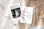 Wildflower wedding thank you card set with photo and floral design, editable Canva template, printable boho rustic wedding stationery download