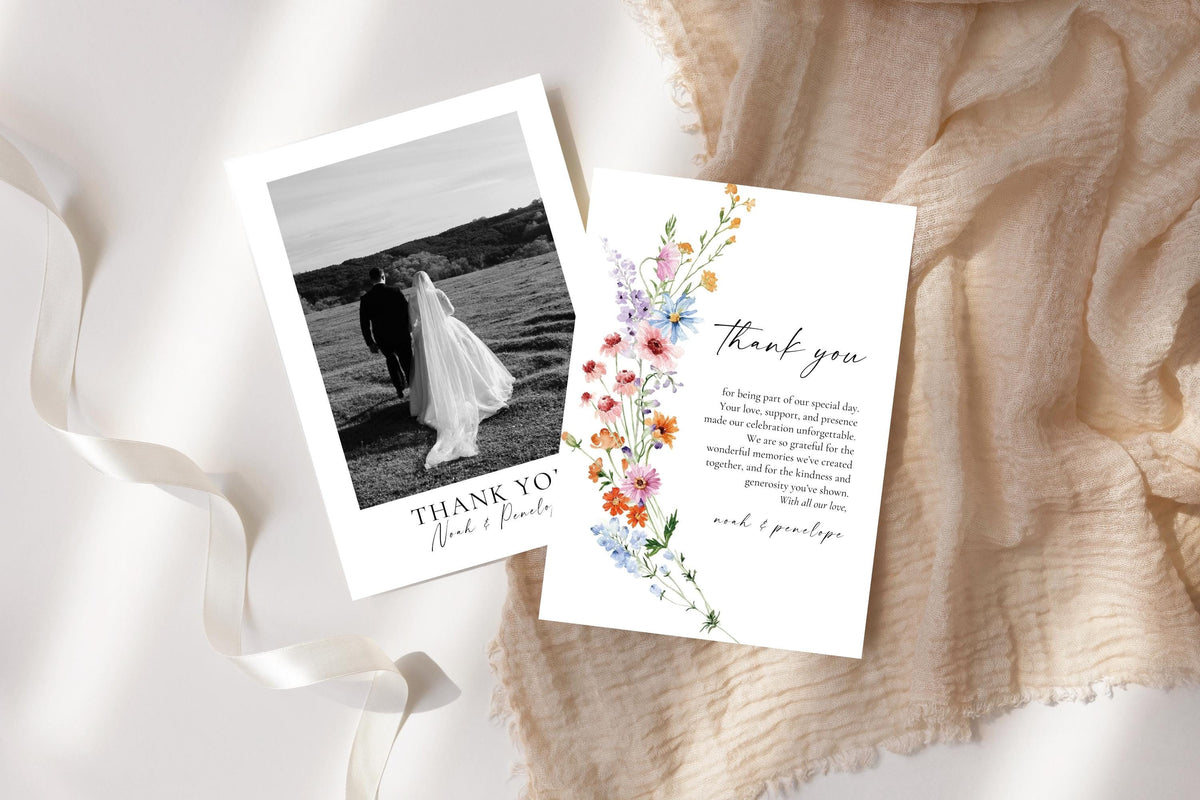 Wildflower wedding thank you card set with photo and floral design, editable Canva template, printable boho rustic wedding stationery download