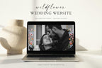 Wildflower wedding website template displayed on laptop mockup, editable Canva wedding website with floral design, minimalist modern wedding website template instant download