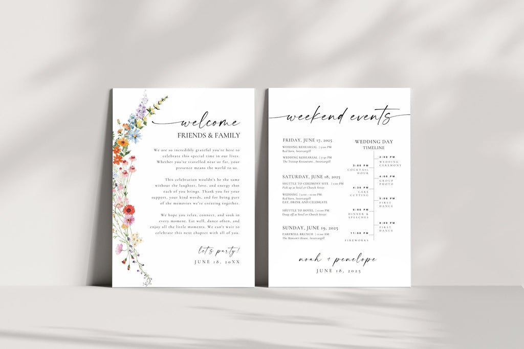 Wildflower wedding itinerary template printable weekend timeline and welcome letter, editable Canva template for rustic and boho weddings.