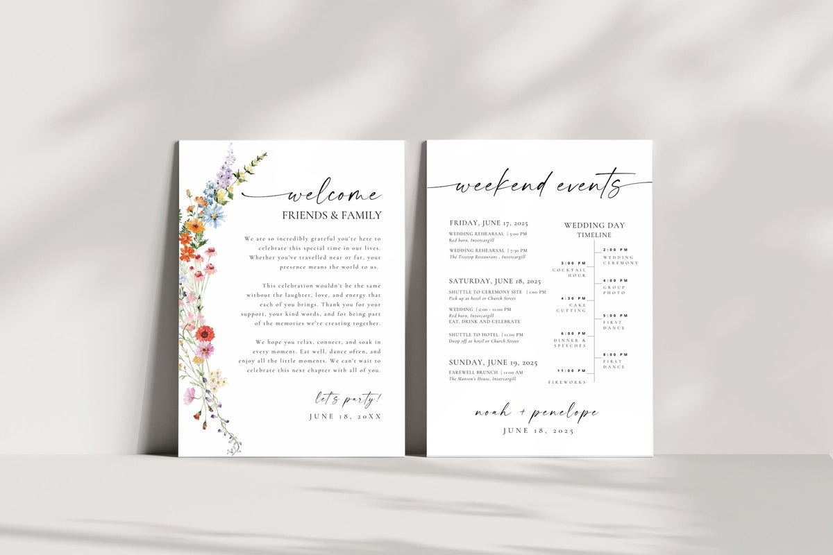 Wildflower wedding itinerary template printable weekend timeline and welcome letter, editable Canva template for rustic and boho weddings.