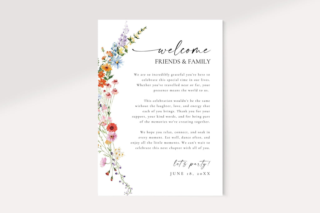 Wildflower wedding welcome sign and note template, printable welcome letter for guests with floral design, editable Canva file.
