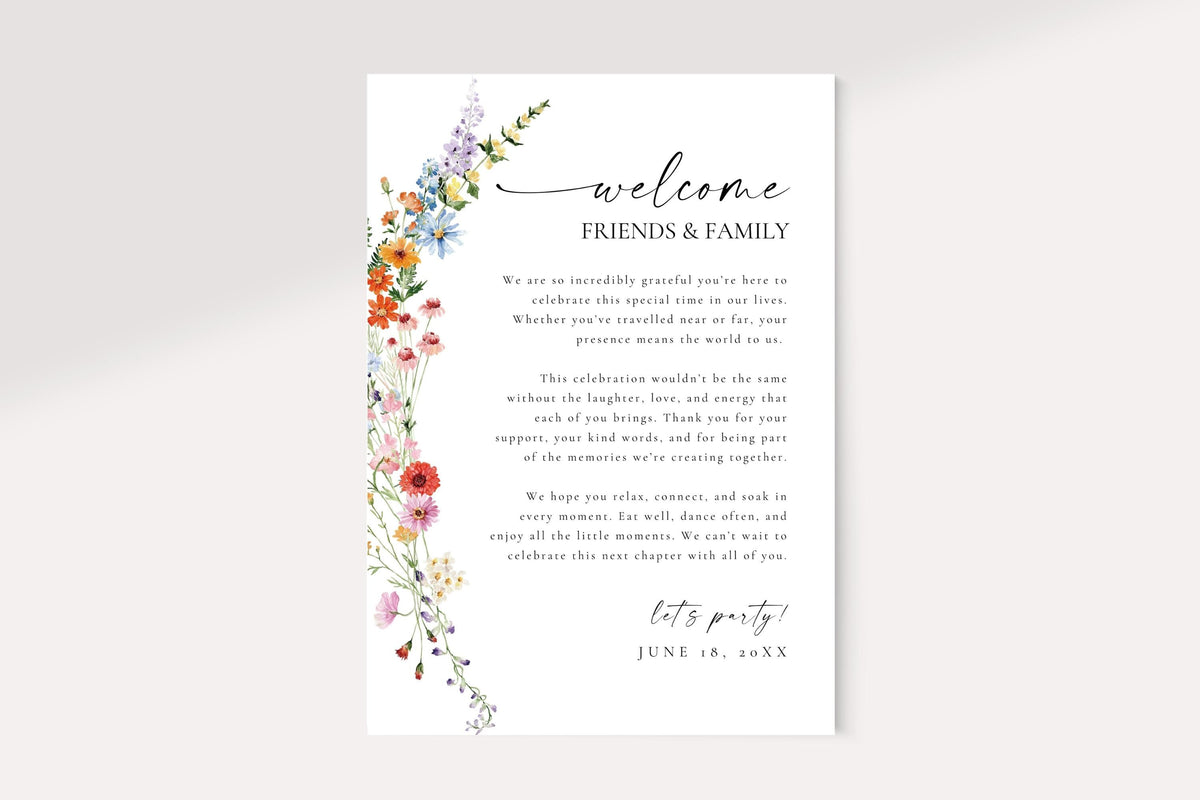 Wildflower wedding welcome sign and note template, printable welcome letter for guests with floral design, editable Canva file.