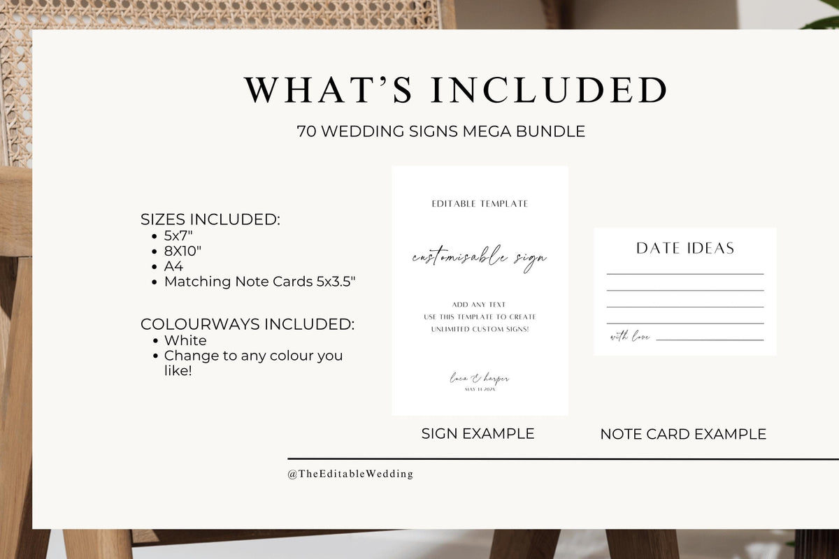 Wedding sign template bundle information showing included 5x7, 8x10 and A4 sizes, editable colour options, a customisable sign example and a matching date ideas note card.