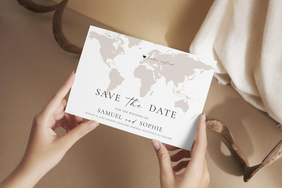 Hands holding modern map save the date card with elegant serif and script fonts, editable Canva wedding template for destination or travel-inspired weddings.